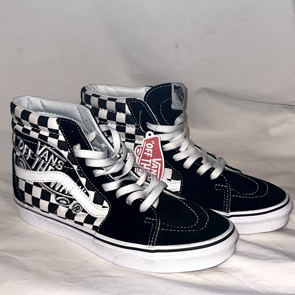 Vans Sneaker Black White Checkerboard SK8 HI Patch Skate HighTop Women 8 Men 6.5